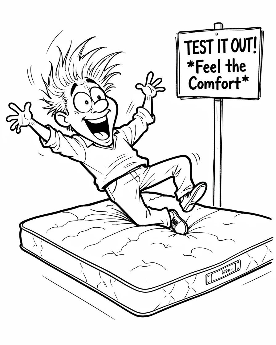 [Funny & Exaggerated Situations] Comical scene of a shopper testing a mattress by dramatically flopping onto it, exaggerated for maximum laughs