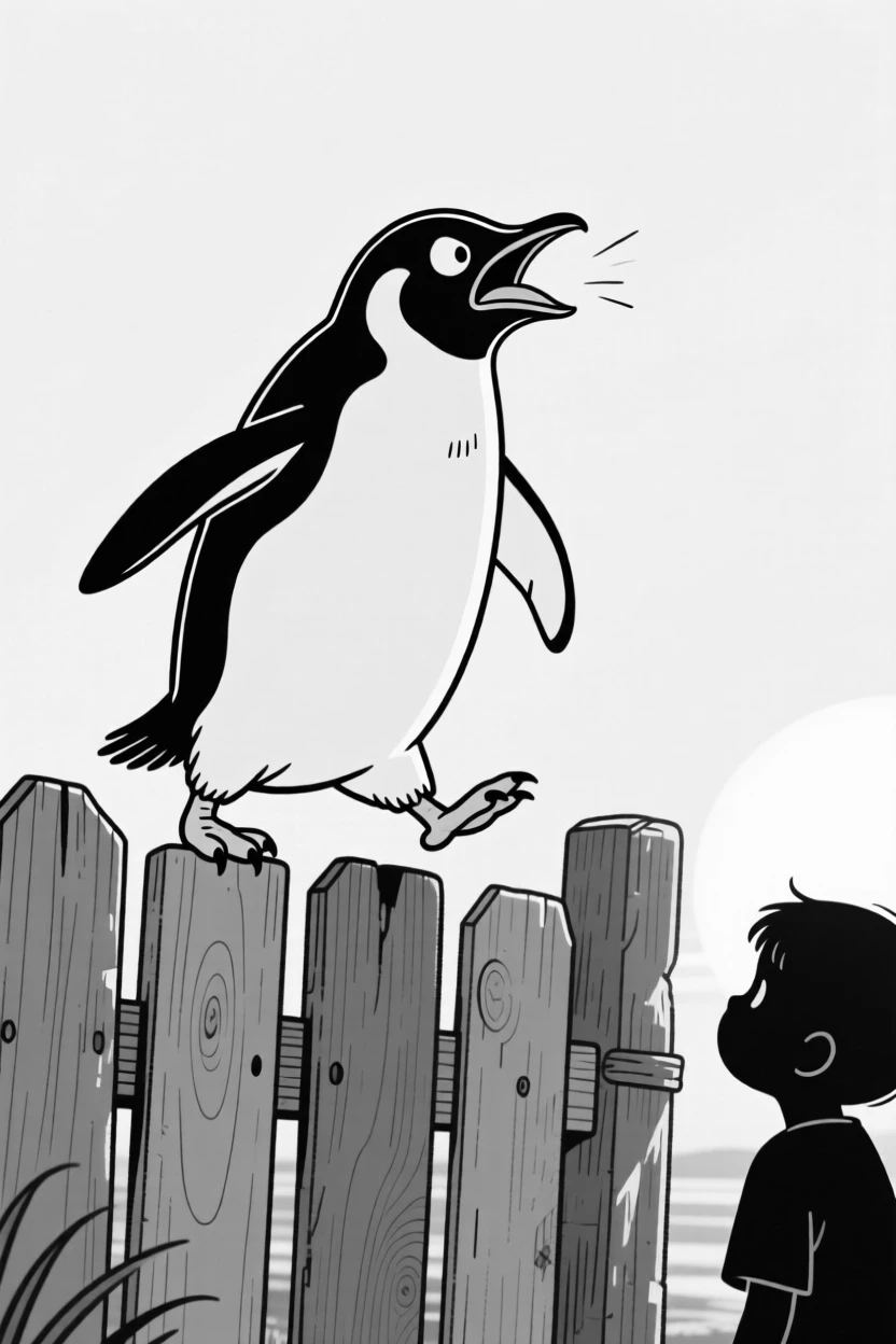 A penguin waddling with exaggerated determination, spitting theatrically in mock outrage, set atop a rustic wooden fence at sunrise. A curious child watches from just out of frame. It's an irresistibly charming slice of animal personality.