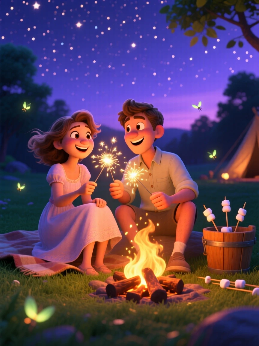 A couple sharing sparklers on a summer evening happens around a crackling bonfire under a starry sky, with fireflies flickering in the dusk. A festive warmth and togetherness fill the scene.