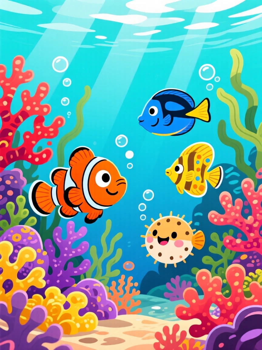 A coral reef teeming with colorful fish beneath clear blue water.