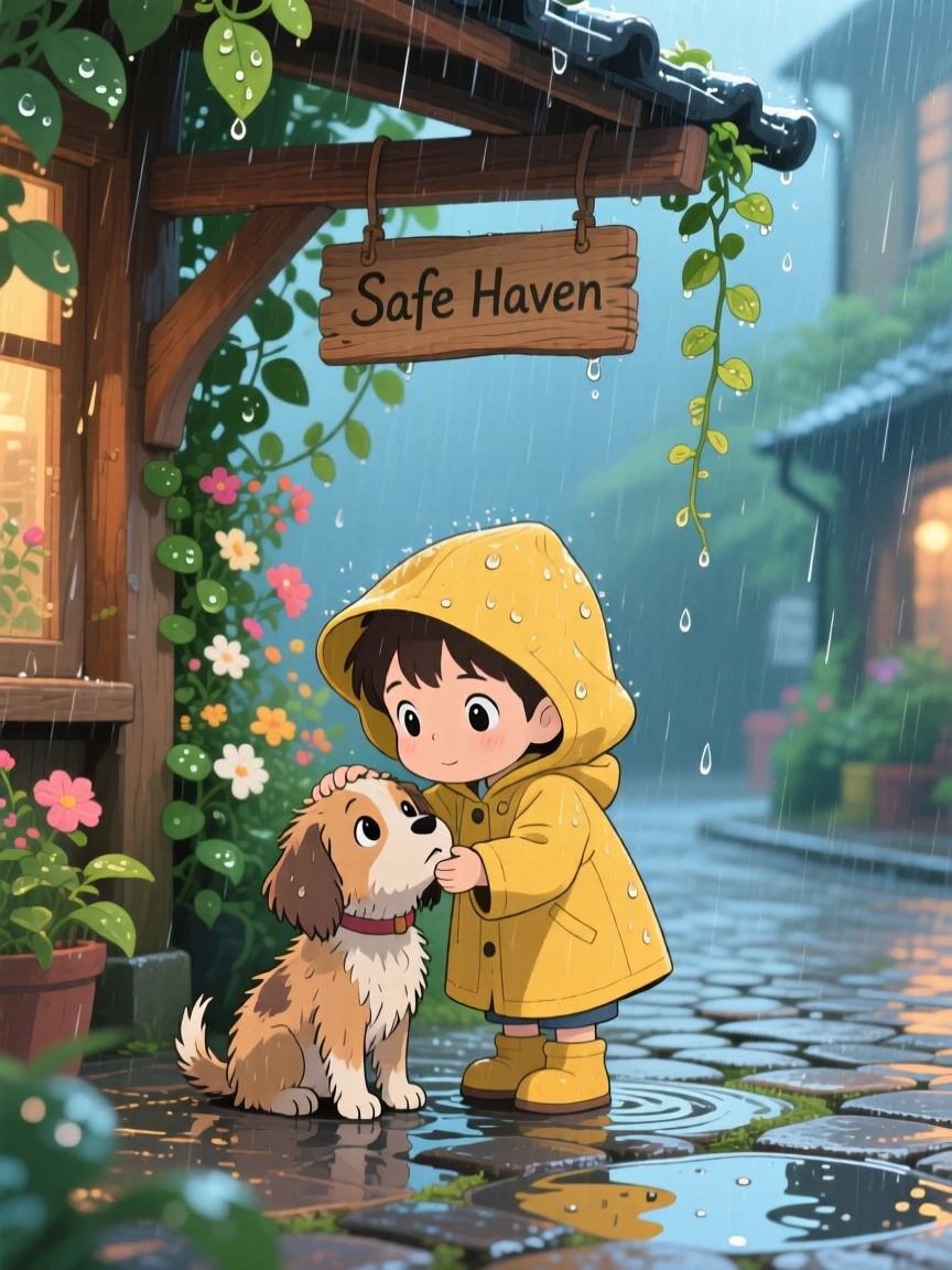 A tender moment of a child comforting a lost puppy under a rainy awning, the scene filled with hope.
