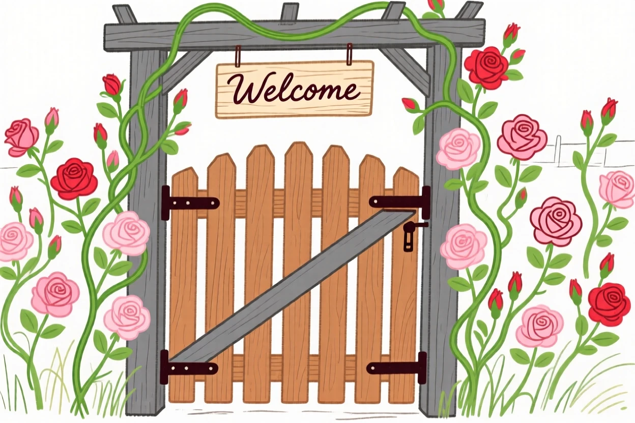 A cottage garden gate covered in climbing roses.