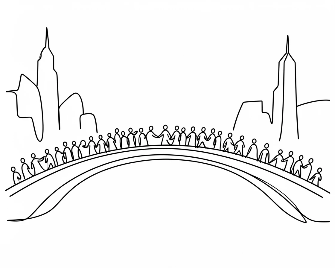 A crowded pedestrian bridge connecting two sides of a river city