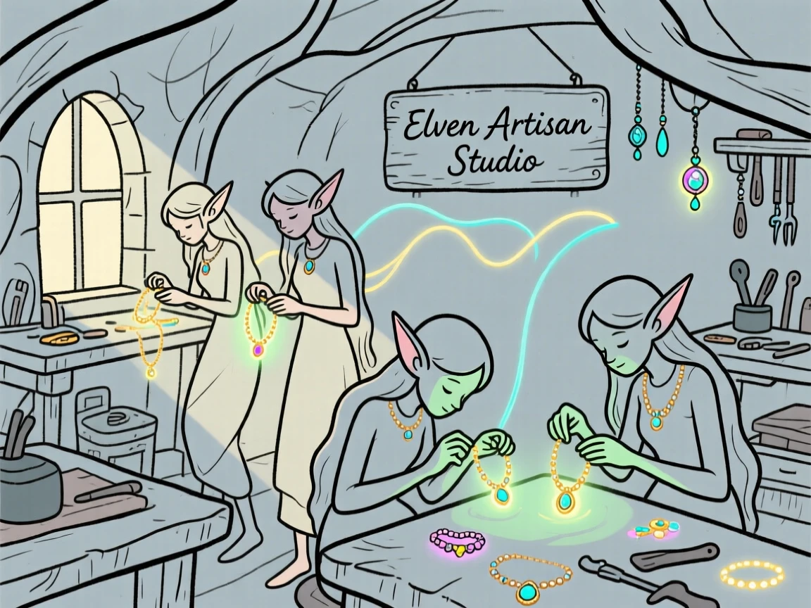 A group of elves crafting glowing jewelry inside a hidden workshop.