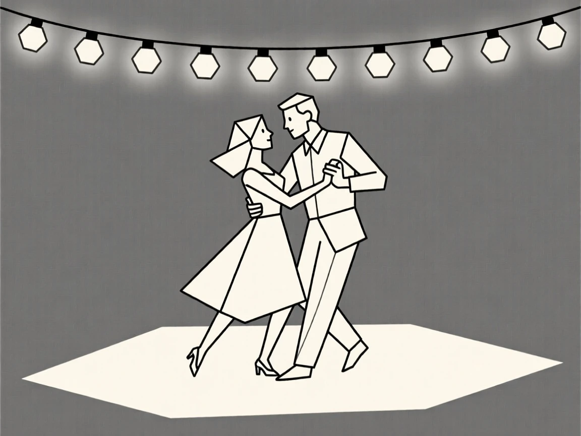 A couple dancing together under string lights