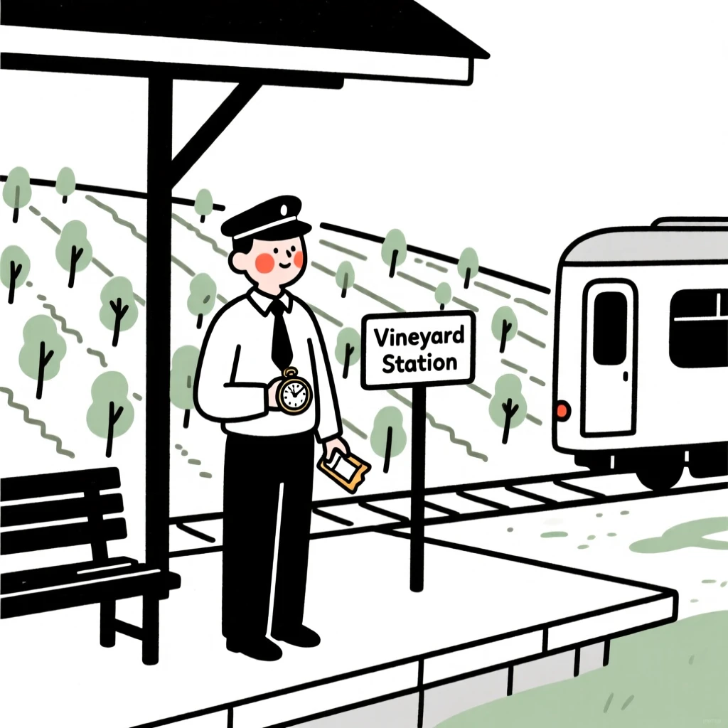 A train conductor at a rural station on a vineyard terrace.