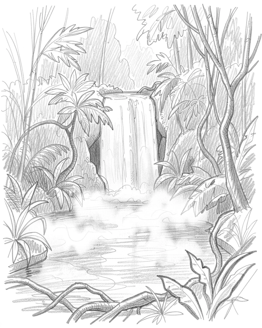 Sweeping landscape of a hidden jungle waterfall pool wrapped in soft morning mist, with mist curling low across the water.