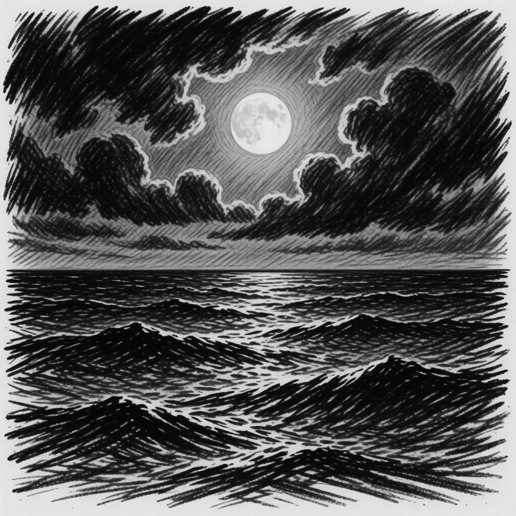 A moonlit ocean horizon with dramatic storm clouds gathering on the horizon.