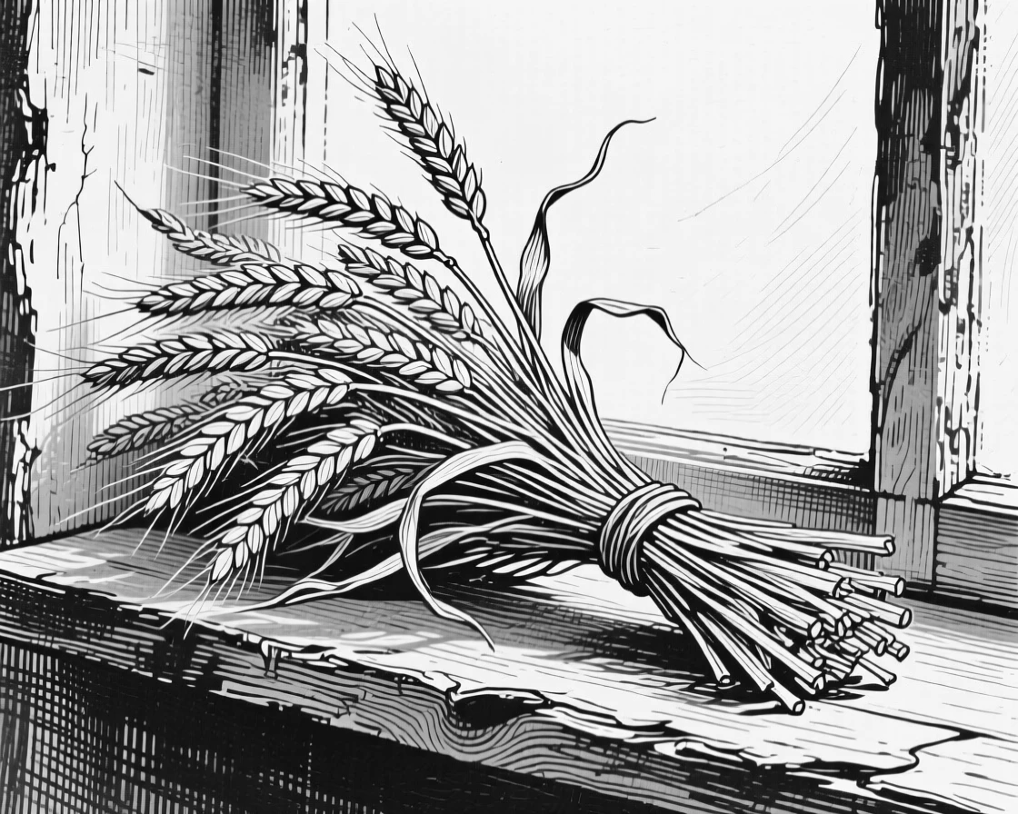 A bundle of dried wheat arranged on a windowsill in soft light, with stems bending gracefully under their own weight, composed in a gentle and fleeting still-life arrangement.