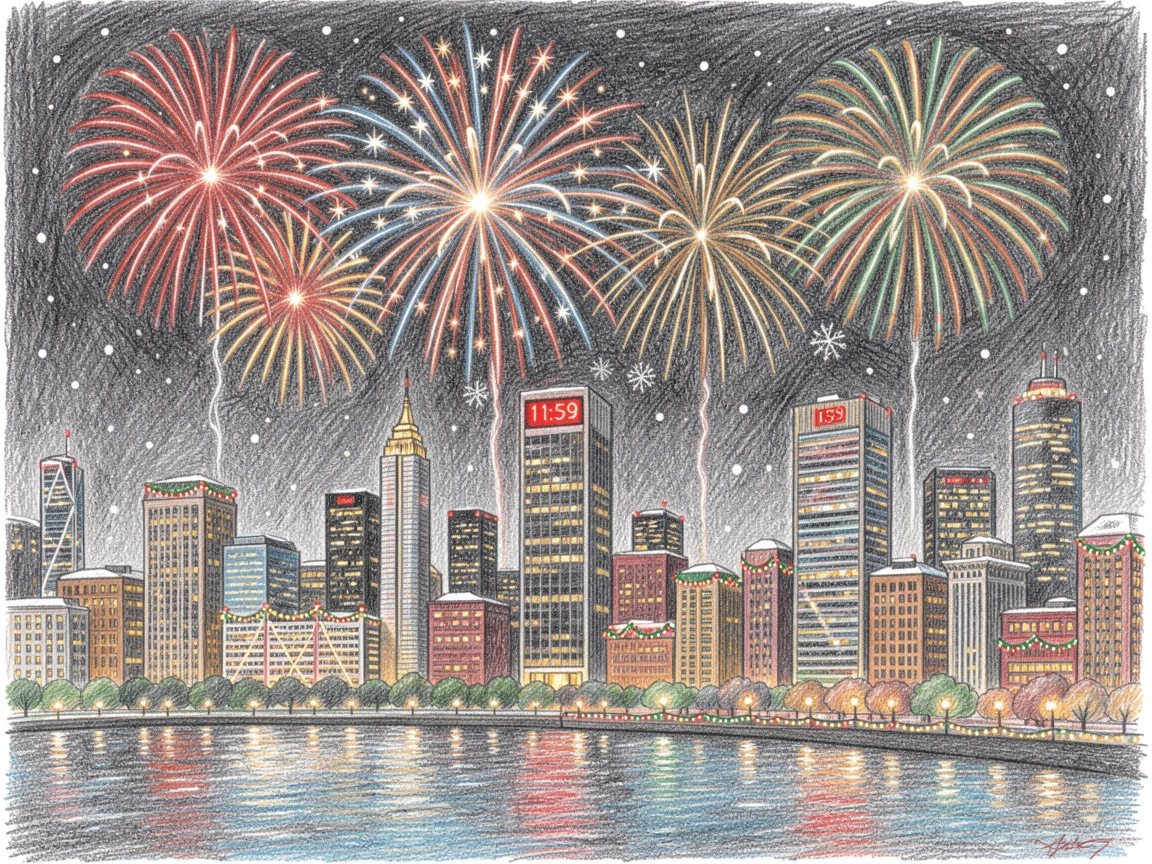 A New Year's Eve fireworks display over a glittering city skyline, filled with joyful, familiar holiday details, perfect for celebrating the beauty of the season.