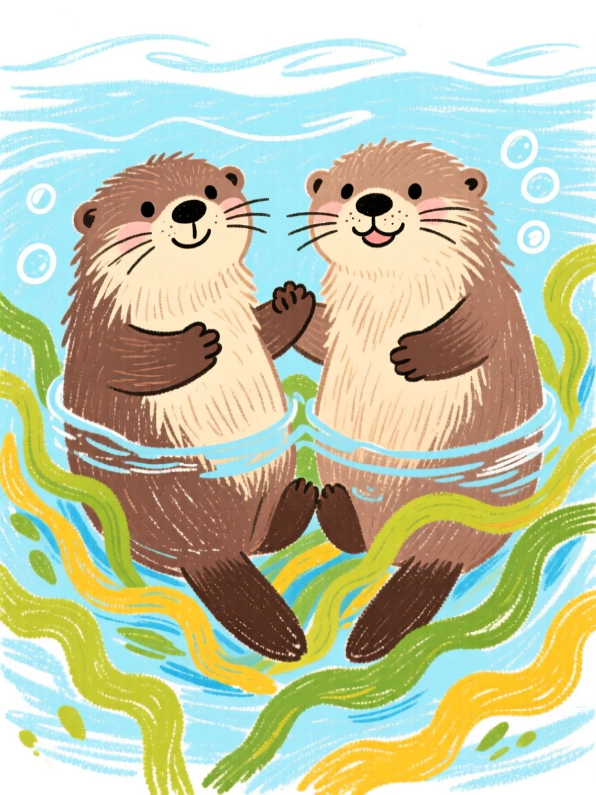 A pair of sea otters holding paws while floating on kelp.