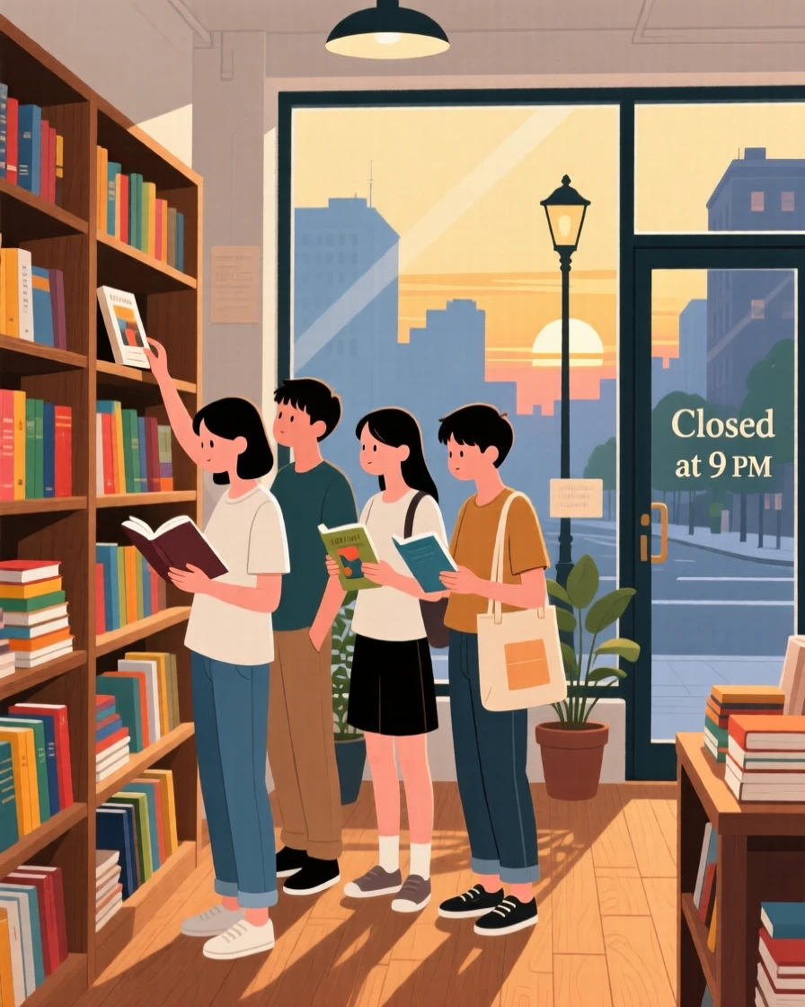 A group of students browsing a used bookstore on a quiet summer evening in the city.