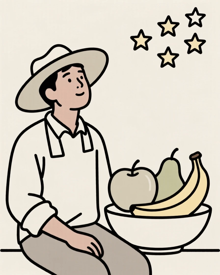 A portrait of a farmer gazing at the stars near a bowl of fresh fruit, filled with nostalgic comfort.