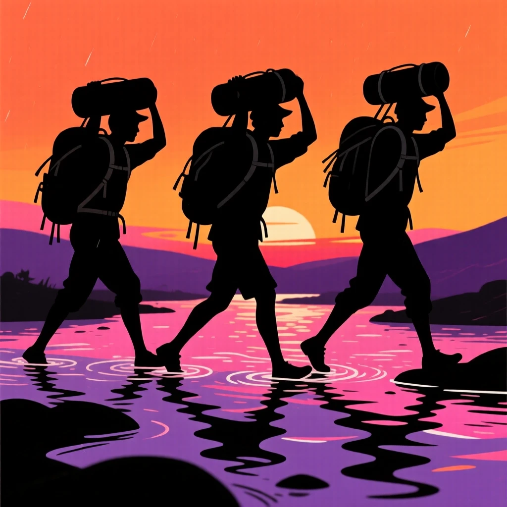 A group of backpackers crossing a shallow river, packs held overhead.