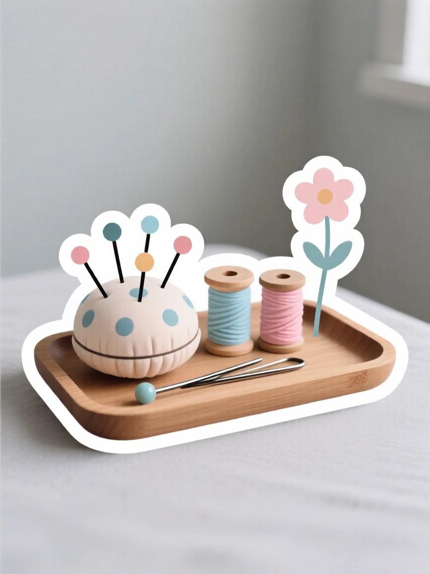 A charming sewing kit with pins and thread, placed on a wooden tray with a small flower, in a minimalist Scandinavian-style room.