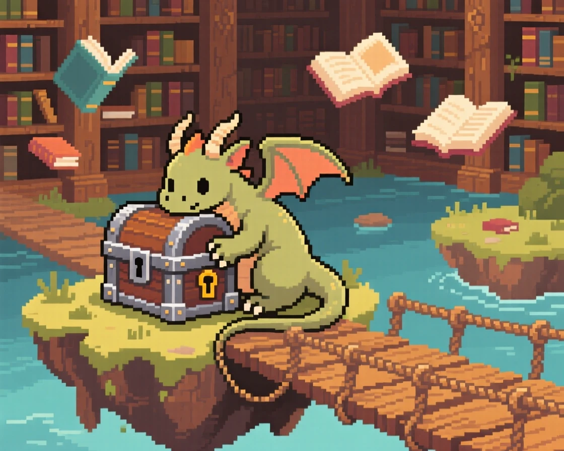 A small dragon curled around a treasure chest crossing a rope bridge between floating islands, in a library filled with floating books.
