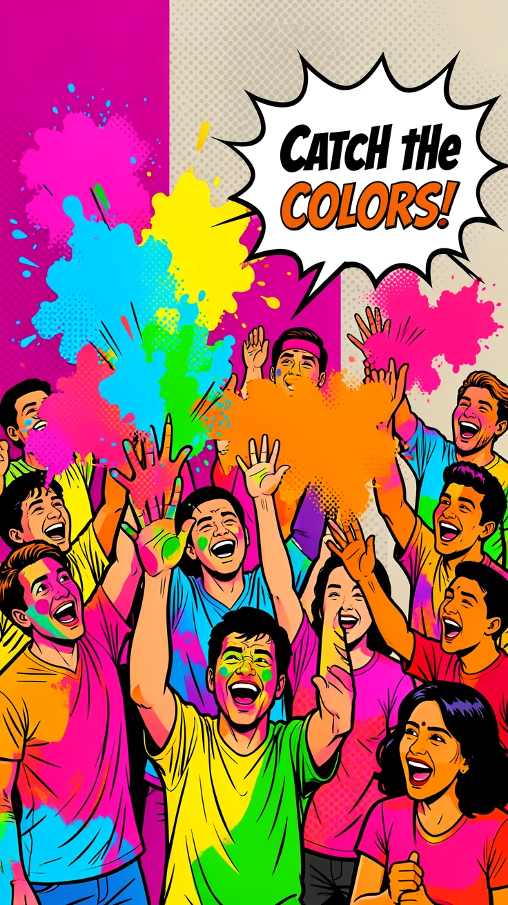A Holi festival crowd throwing lively colored powder into the air