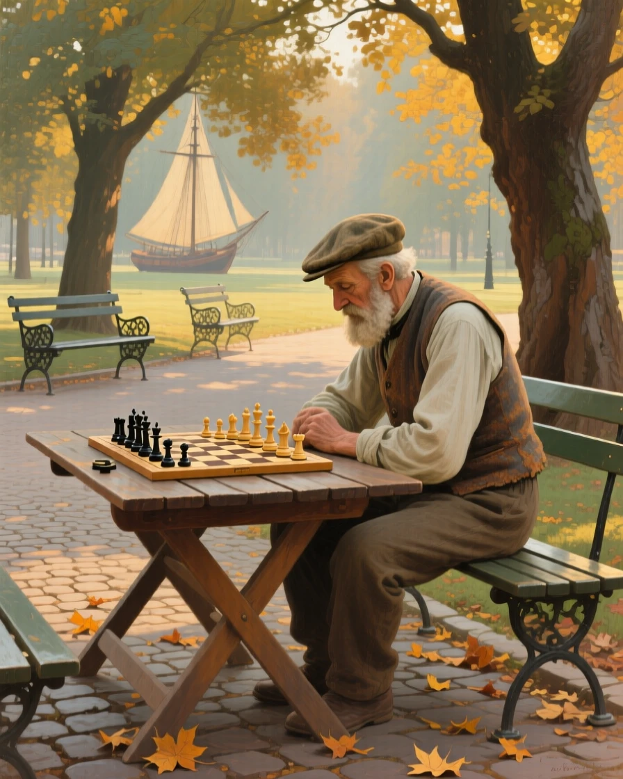 A balanced composition of an old man playing chess alone in a quiet park, in late afternoon, in the age of sailing ships.