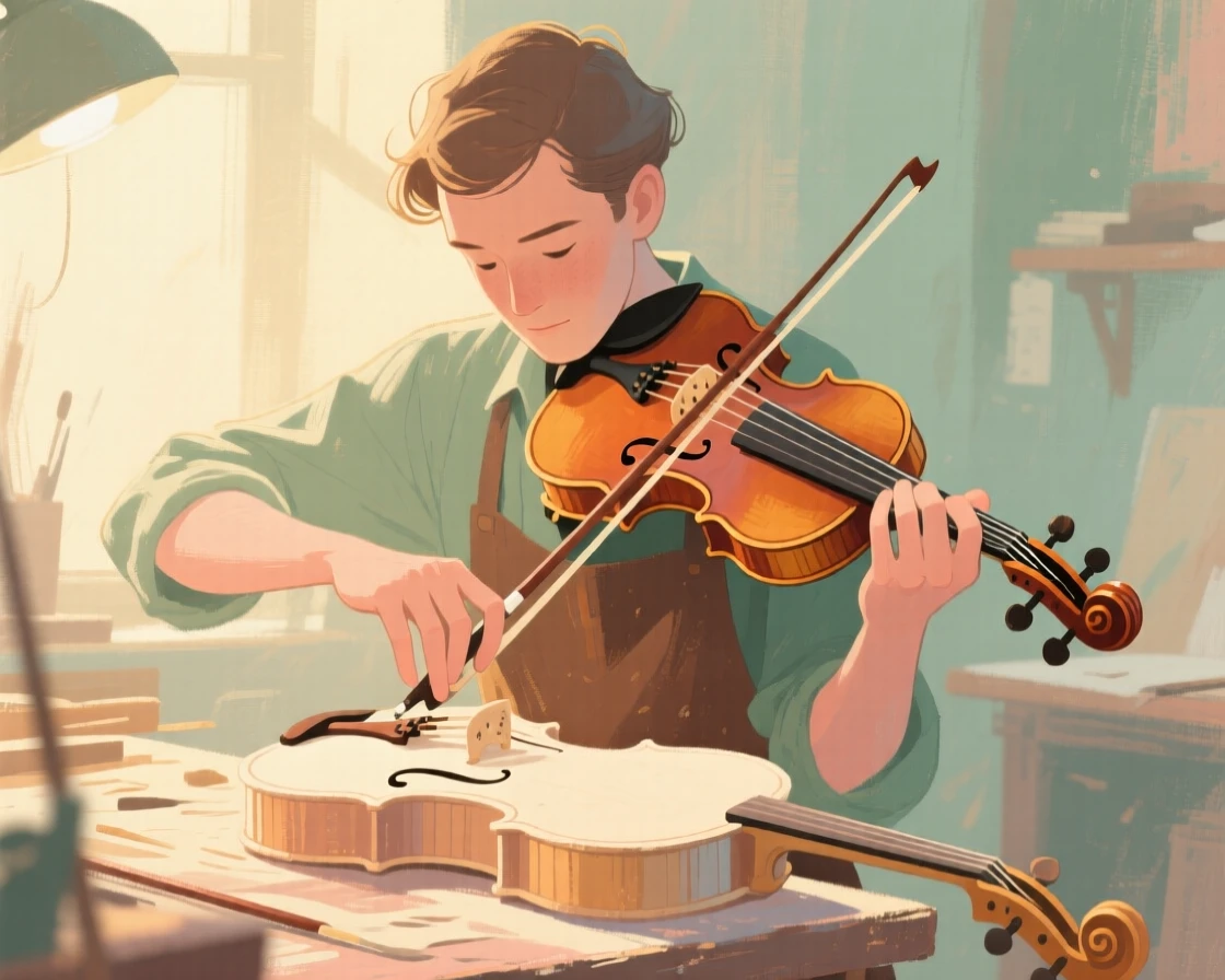 A violin maker carving the scroll of a new instrument