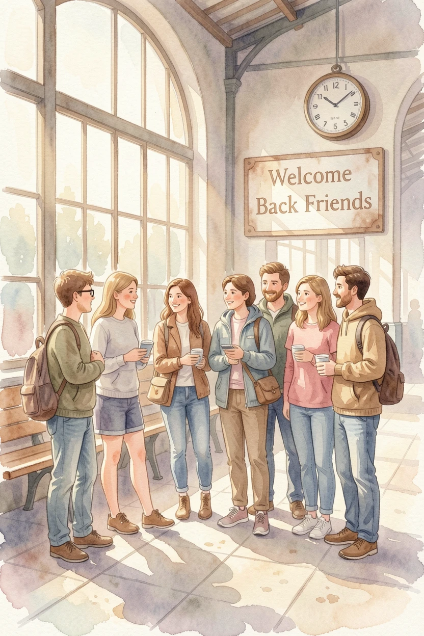 A group of childhood friends reuniting at a train station in a moment of quiet togetherness.