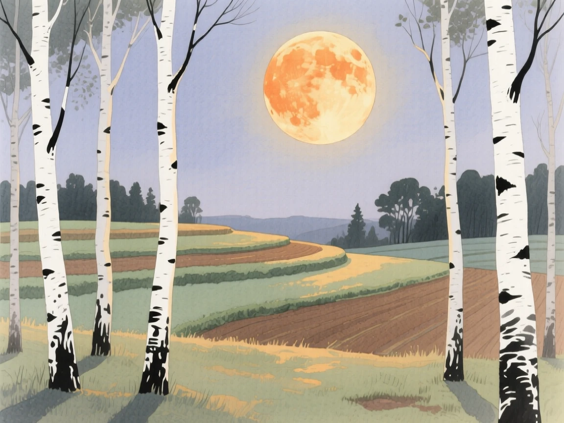A breathtaking view of a birch forest clearing under a full harvest moon, where terraced fields catch the light