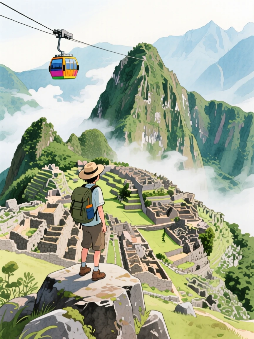 A traveler pauses to soak in the view amid a cable car rising above the misty peaks of Machu Picchu, evoking wanderlust and adventure.