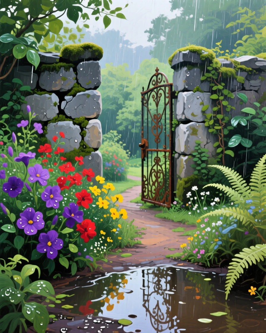 an overgrown secret garden behind an old stone wall, just after watering, from an inviting eye-level viewpoint.
