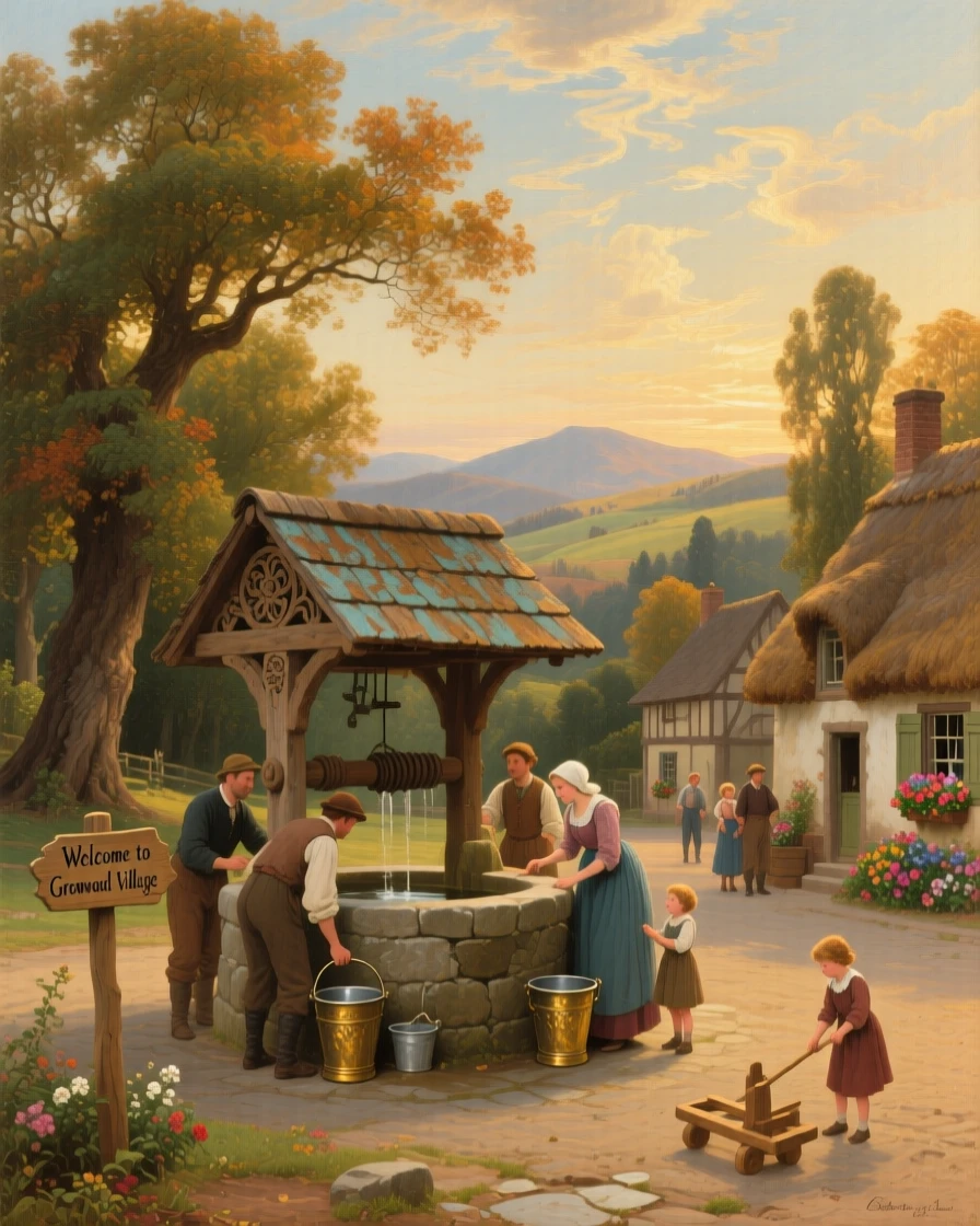Villagers gather around a well in the center of a sunlit square.