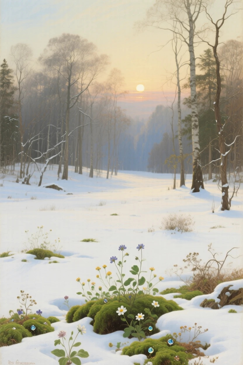 A snow-covered forest clearing beneath a pale winter sun holding the hush of early morning before the world awakens, set far from any signs of human presence, with wildflowers scattered like scattered jewels across the green; foreground detail frames a sweeping, luminous background, suggesting harmony between the natural world and the soul.
