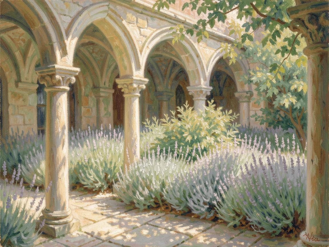 A quiet cloister garden in an ancient monastery, arched stone columns framing a bed of herbs.