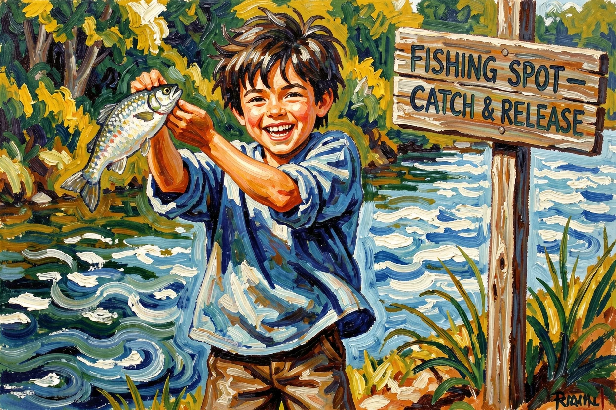 A little boy with a gap-toothed grin proudly holding up a fish he just caught.