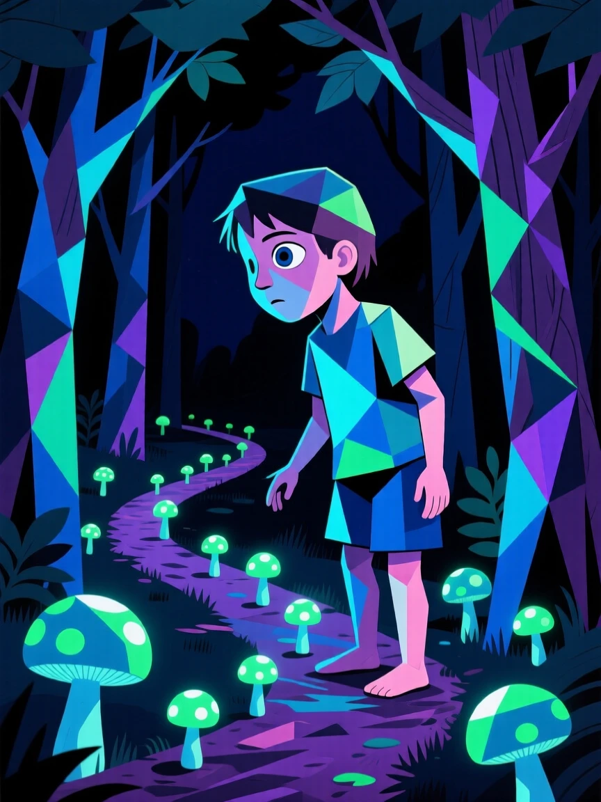 A child discovering a hidden trail of glowing mushrooms in a forest at night.