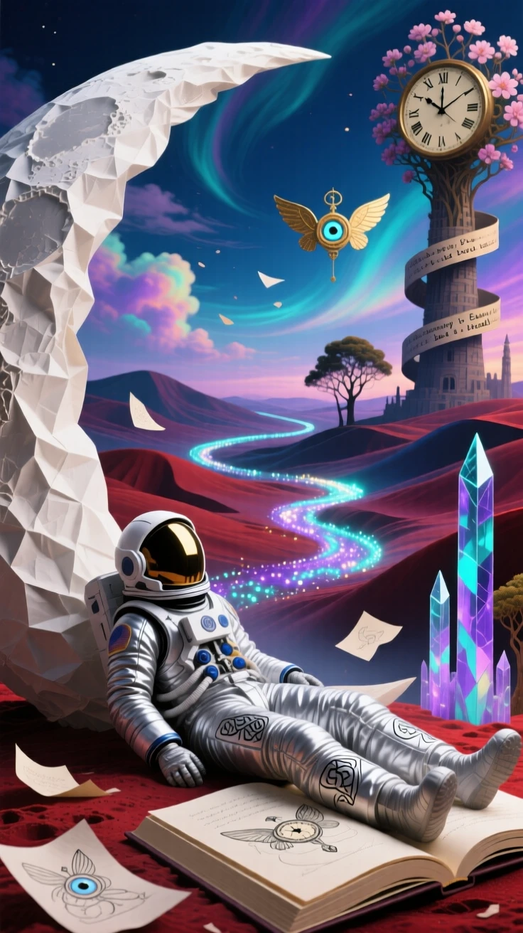 A lone astronaut resting quietly on the surface of a paper moon travels onward through a landscape that shifts gently around them, while a faint trail of light marks the path behind them.