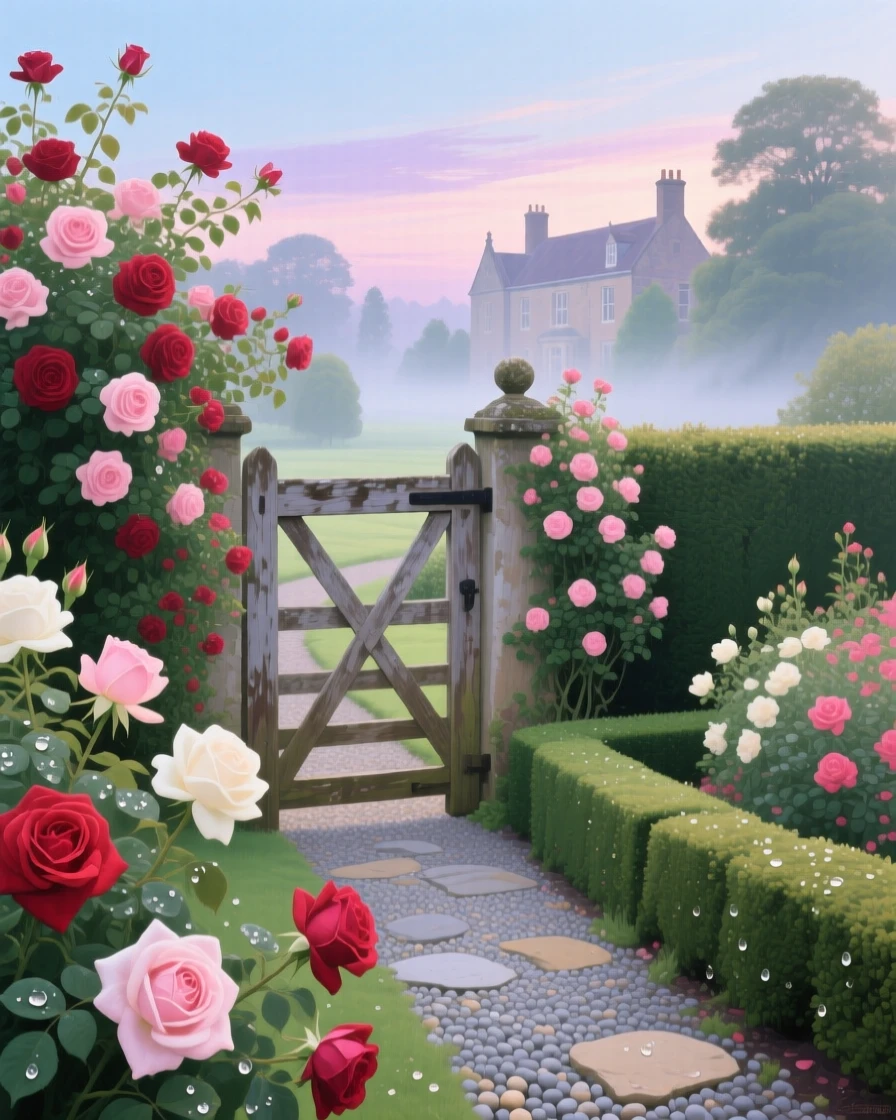A traditional English rose garden at a countryside manor shows climbing roses framing a weathered wooden gate, gravel paths winding between manicured hedges, the air carrying a faint mist that softens distant shapes without obscuring the overall view.