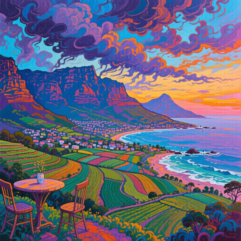 Table Mountain overlooking Cape Town's coastline at dusk, as storm clouds gather overhead, terraced fields spreading out below