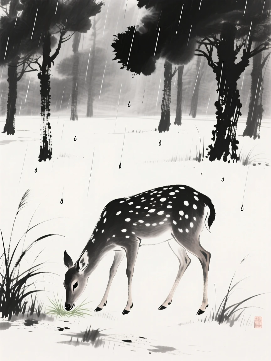 A spotted deer grazes quietly at the edge of a forest clearing, as a light rain begins to fall.