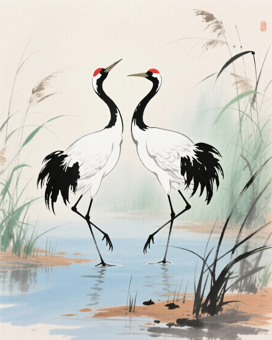 A pair of cranes dancing together in a shallow marsh, in early spring, imbued with timeless calm.
