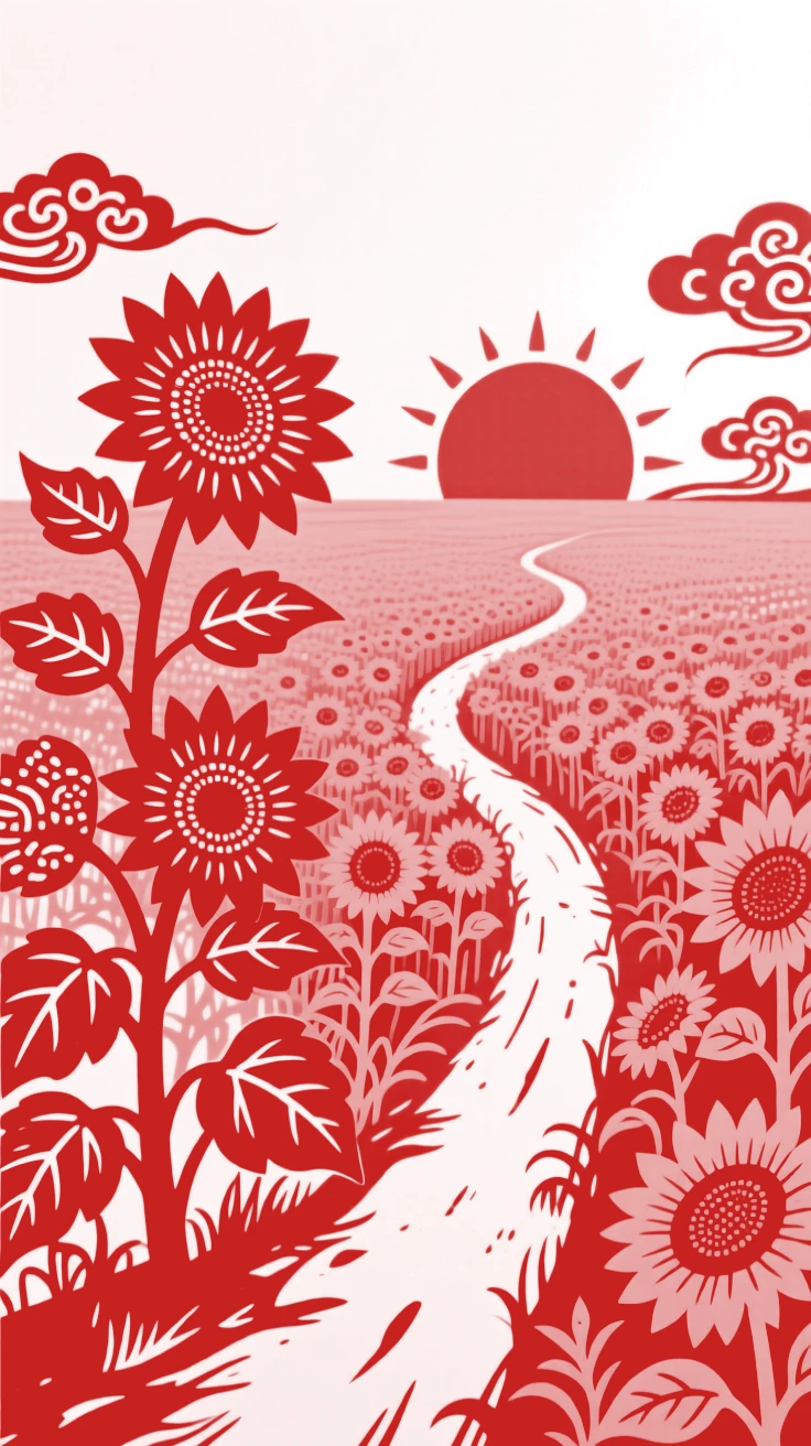 A field of wild sunflowers turned toward a rising sun, a narrow dirt road cutting through the golden expanse