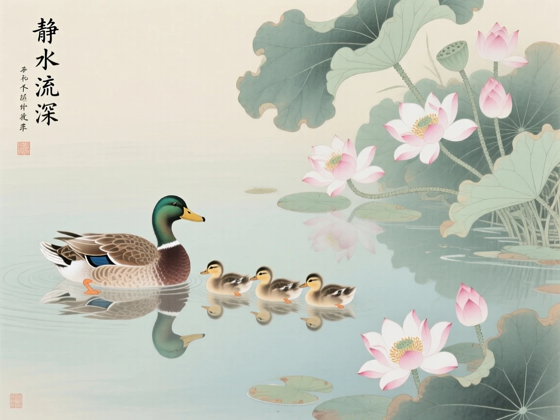 A family of ducks gliding across a still pond in a pool bordered by blooming water lilies