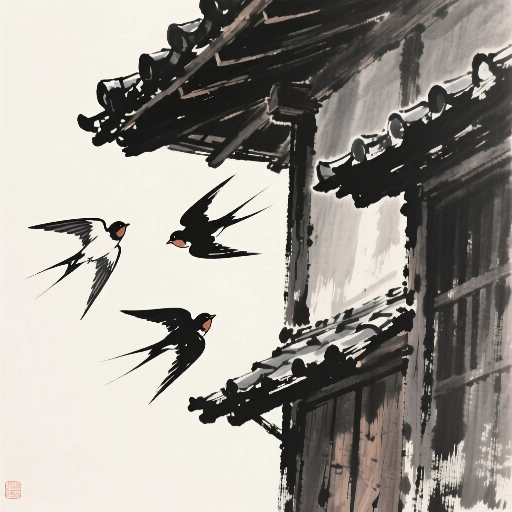 Swallows darting beneath the eaves of an old wooden house, captured mid-motion with wings outstretched, suggesting renewal and the gentle passage of seasons.