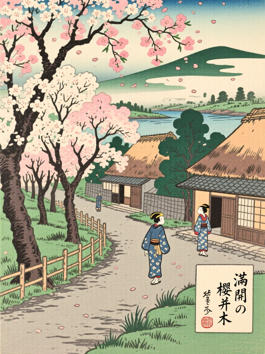 A grove of cherry blossom trees in full bloom beside a quiet village path.