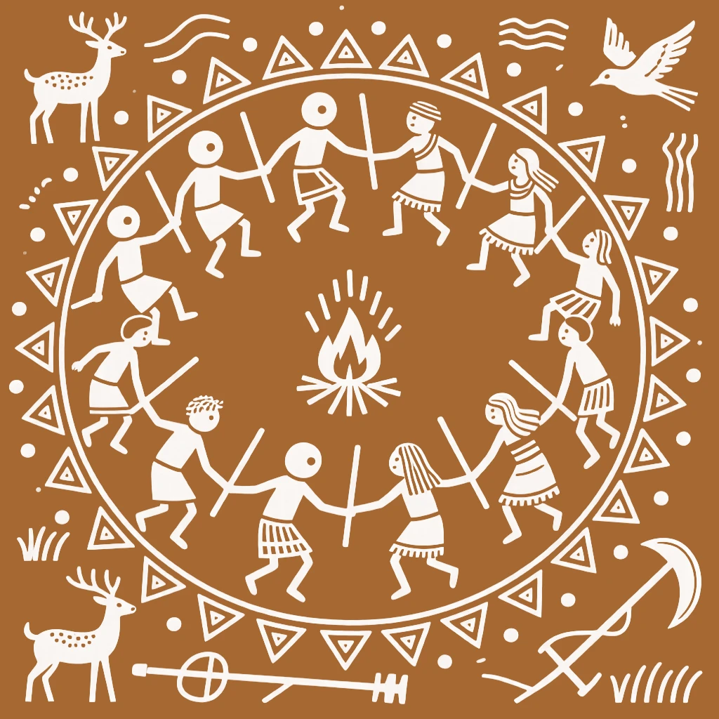 A tribal dance festival celebrated with villagers dancing in a large circle.
