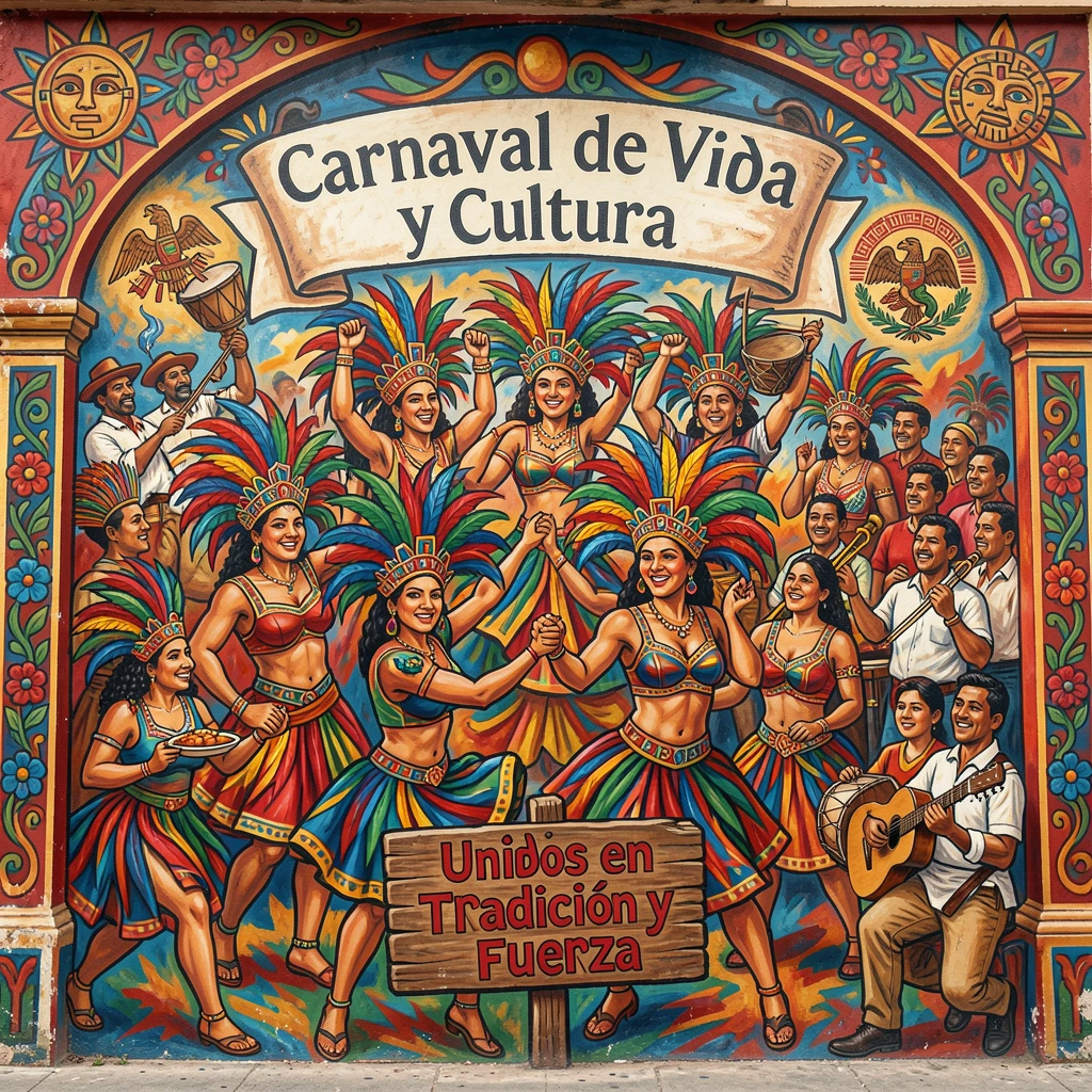 A vibrant carnival with dancers in feathered headdresses