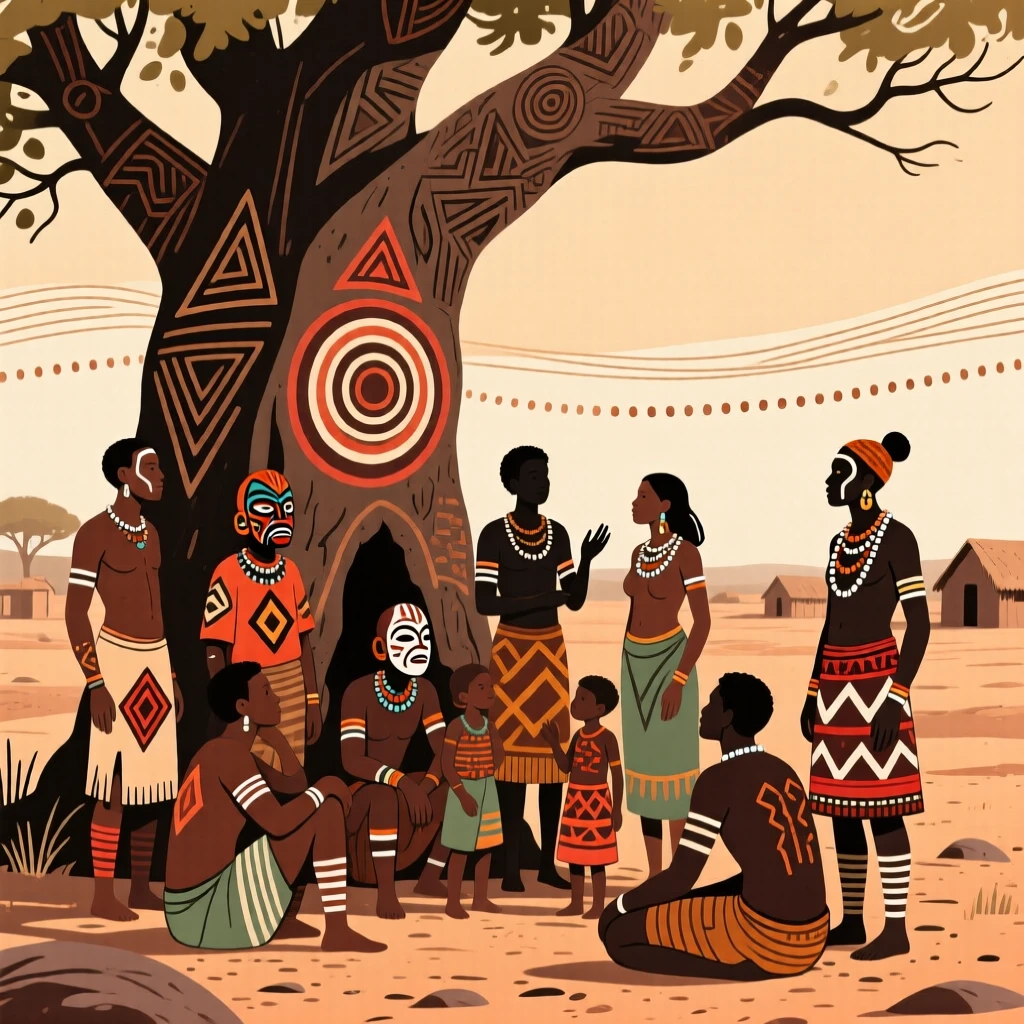 A group gathering under a tree to escape the midday heat at the edge of a quiet village.