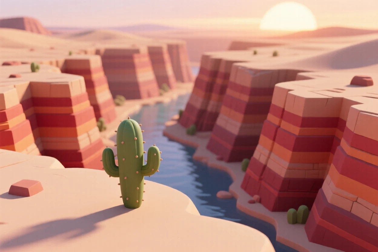 A desert canyon carved by ancient rivers, striped red and orange rock layers glowing at sunset, and a lone cactus silhouetted against the sky.
