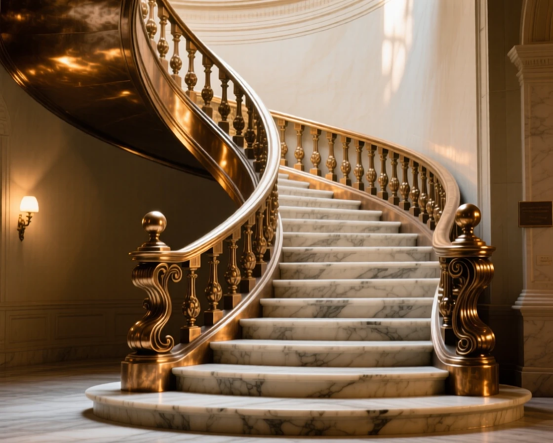 A grand marble staircase spiraling upward, bathed in warm, golden light, exuding timeless grandeur