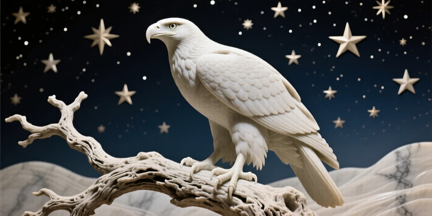 A hawk perched on a weathered branch captured in a powerful, dignified pose beneath a sky full of stars