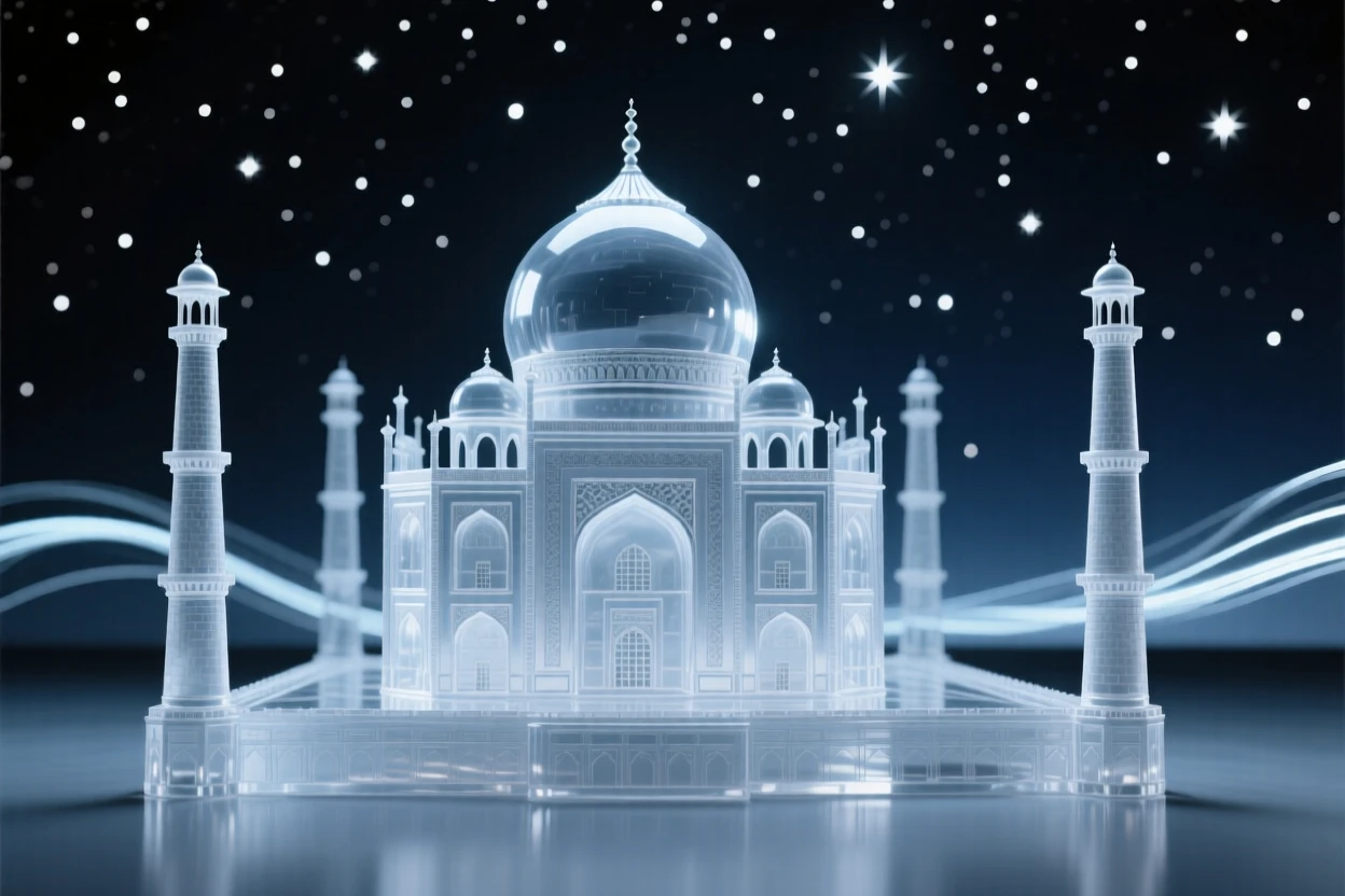 The Taj Mahal under a starry night sky, long soft light trails in the distance, composition emphasizing scale and grandeur.