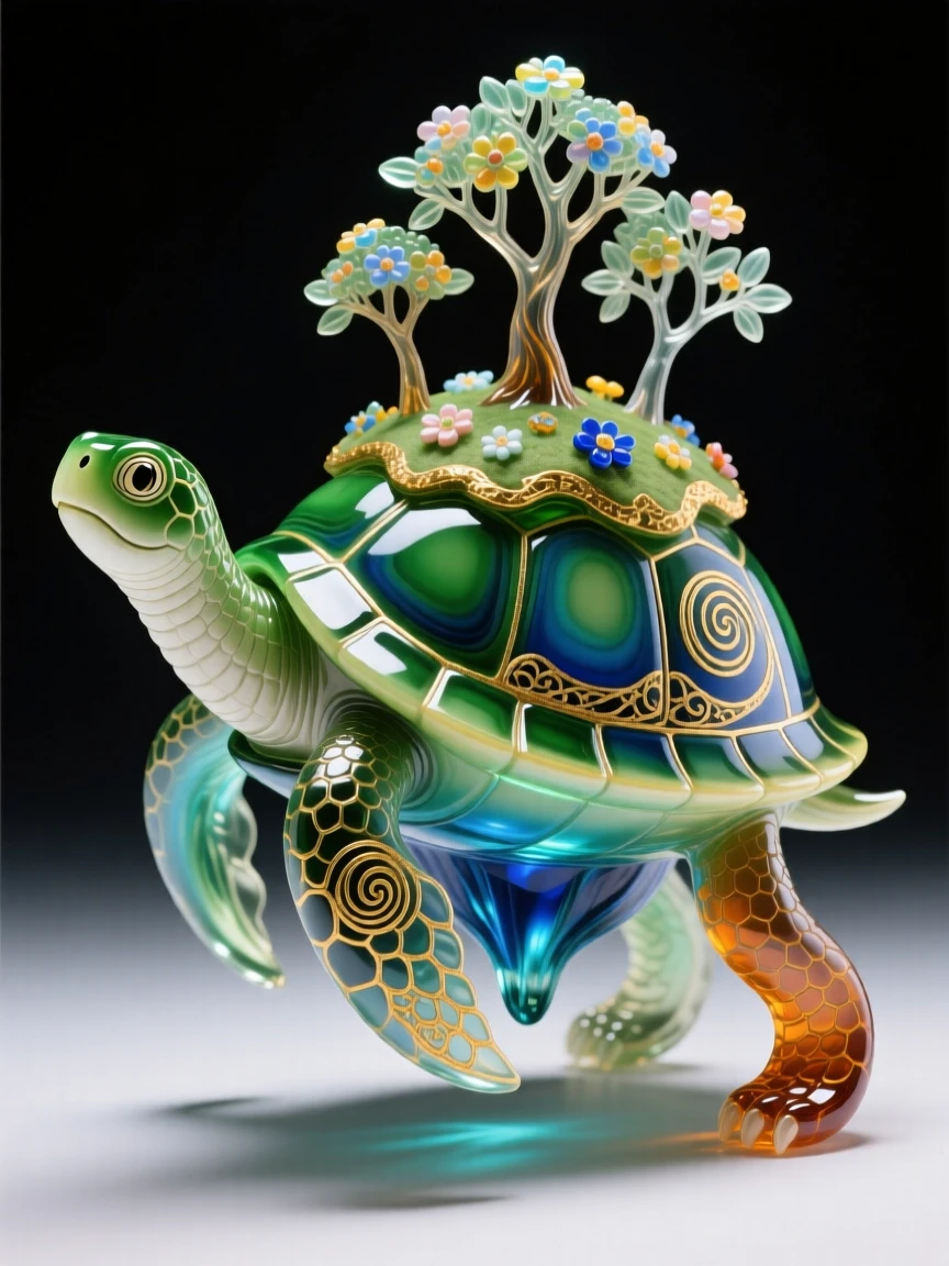 A wise turtle carrying a tiny floating island of trees on its back, whimsical and profound.