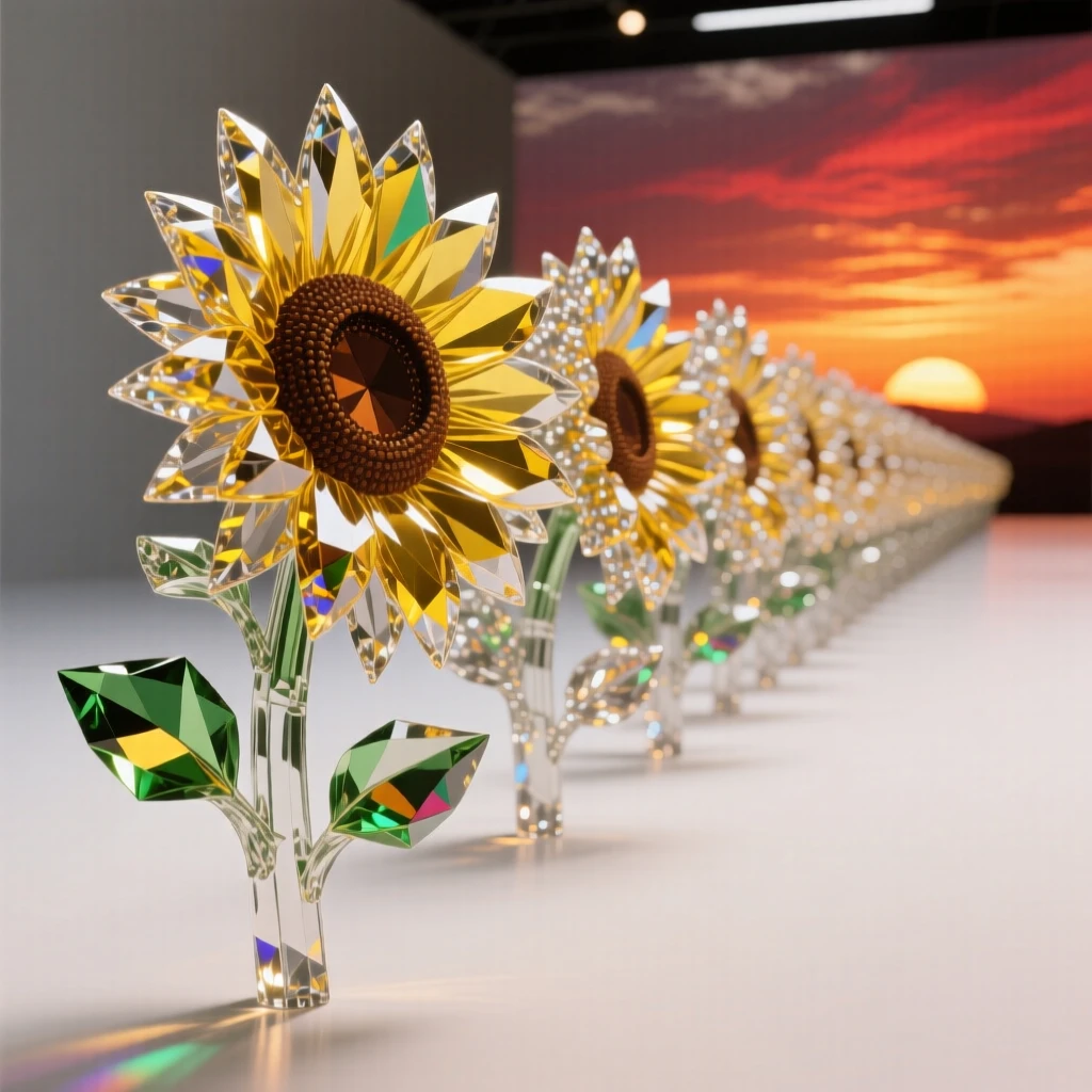 A single sunflower field row leading toward a dramatic sunset horizon.